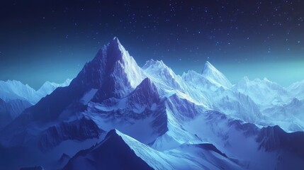 Abstract night mountains digital landscape. Digital low poly wireframe illustration with 3D effect. Panorama of geometric peaks and starry sky on a technology blue background.