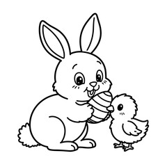 Fototapeta premium Easy and bold coloring page of a bunny with an Easter egg and a chick
