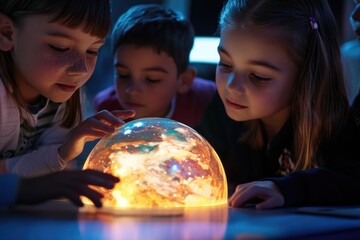 A group of children gathered around a glowing sphere, observing its mesmerizing light