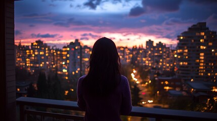 A woman standing on her balcony at twilight, watching the city lights flicker to life below