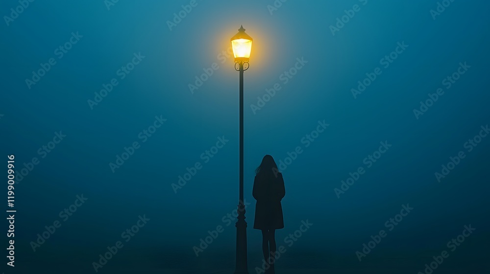 Poster a woman standing under a streetlamp on a foggy night, the soft glow of the light creating an etherea