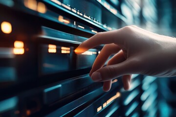 A person presses a button on a server room console
