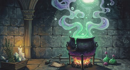 Mystic potion brewing in enchanted medieval dungeon cauldron
