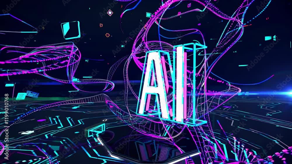 Poster Visual display of vibrant digital graphics showcasing motion and energy in a futuristic setting AI in 3d neon color