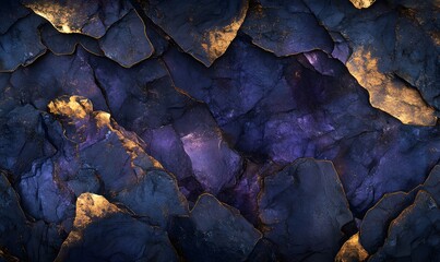  Abstract texture of dark blue and purple stones with warm golden highlights. Generative AI