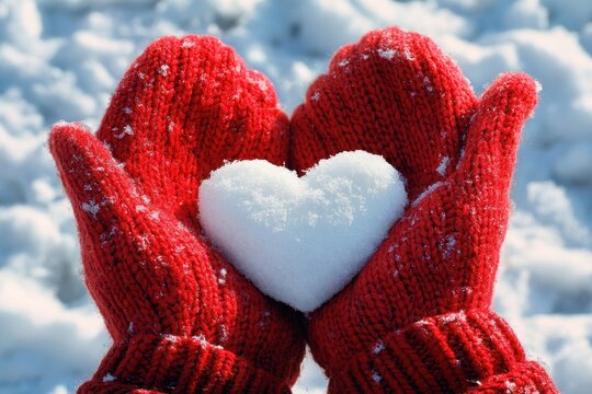 Female hands in red knitted mittens holding a small white heart-shaped piece of snow. Valentine day, romance, love background.