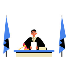Judge Sitting At Desk With Gavel And Documents In Flat Vector Illustration Symbolizing Justice, Law, And Legal Proceedings, Isolated On White Background.