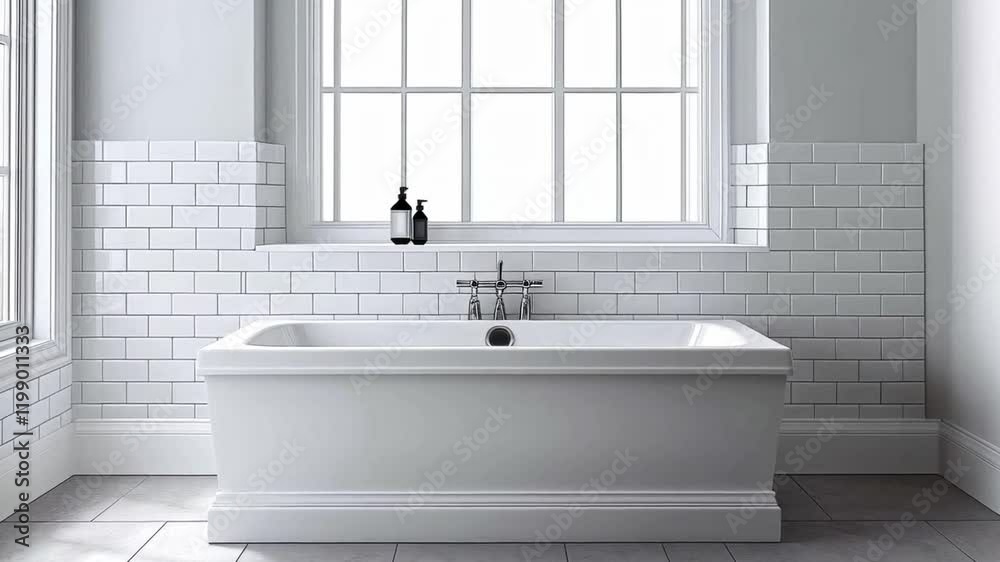Aufkleber a spacious bathroom features a stylish white bathtub positioned under a large window. the walls are 