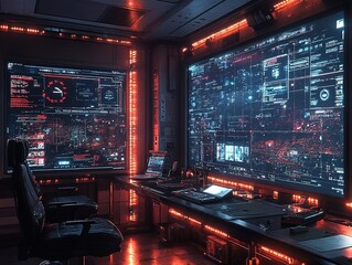 Obraz premium Futuristic control room monitoring data on large screens
