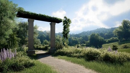 Serene landscape featuring a stone archway amidst lush greenery.