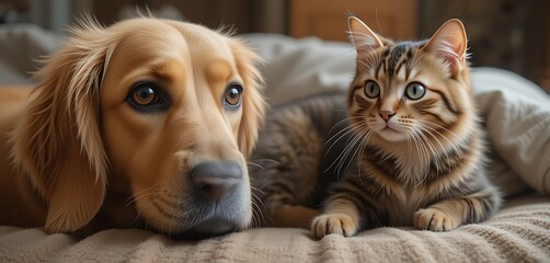Adorable Golden Retriever Dog and Tabby Cat Cuddling Together on a Cozy Beige Blanket, Close-Up View