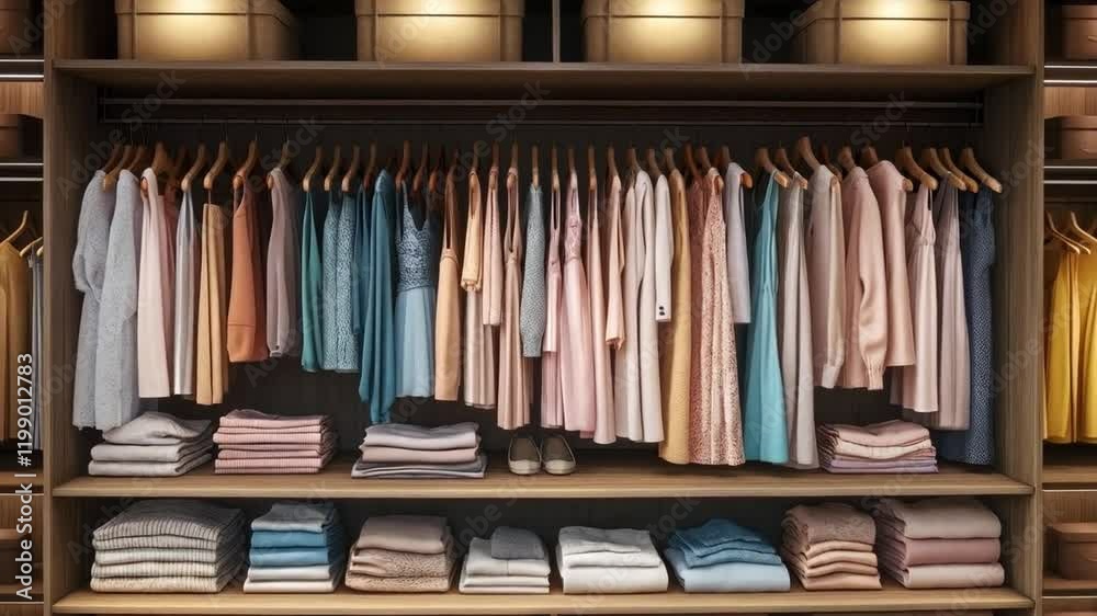 Poster a modern wardrobe showcases an array of neatly arranged clothing items on hangers, along with folded