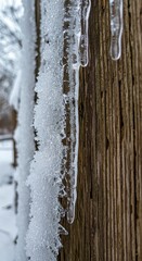Obraz premium Icicles and frost on weathered wood in winter wonder