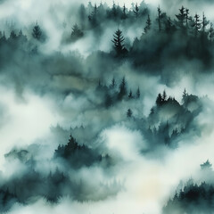 Seamless pattern of Misty Mountain Forest: An ethereal watercolor painting depicting a dense forest shrouded in a thick, swirling mist, creating a serene and mysterious atmosphere.