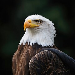 Obraz premium Majestic eagle portrait, detailed feathers, nature photography, close-up shot with sharp focus on the face of an American bald eagle against a dark green forest