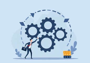 Innovative business concept with gears and businessman in motion