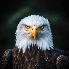 Obraz premium Majestic eagle portrait, detailed feathers, nature photography, close-up shot with sharp focus on the face of an American bald eagle against a dark green forest