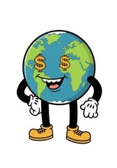 Cheerful globe cartoon with dollar eyes and boots symbolizing wealth and global economy