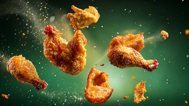 Fried Chicken Explosion: Golden-brown fried chicken pieces suspended in mid-air against a dark green background, with a burst of flavor and texture. A mouthwatering image perfect for food blogs.