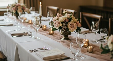 Elegant table setting with floral centerpieces and candlelight for a sophisticated wedding reception