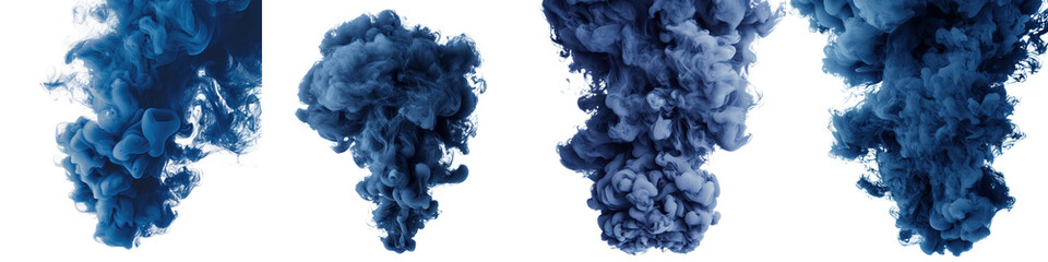 Dramatic and abstract image of a powerful explosion of dark indigo and cobalt blue smoke clouds billowing and swirling against a bright white backdrop