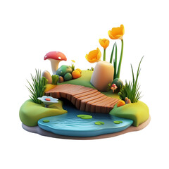 whimsical scene featuring colorful pond, flowers, and wooden bridge