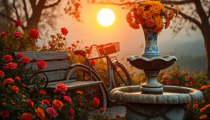 A_icon_of_In_an_enchanting_twilight_garden,_a_symphony_of_inanimate_objects_harmonizes_under_the_soft,_golden_hues_of_the_setting_sun_A_worn, Generative AI