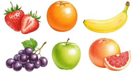 Vibrant fruits collection featuring strawberries, oranges, bananas, grapes, apples, and grapefruits