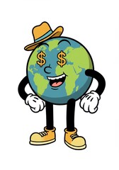 Cheerful earth cartoon with dollar sign eyes wearing a hat and boots
