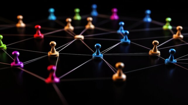 Abstract colorful business connection of lines from nodes It is connected to endless nodes and represents the innovation of communication in the network with black background