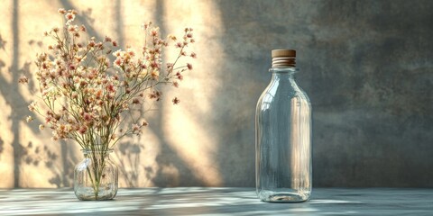 Still Life with Flowers and Glass Bottle in Soft Sunlight