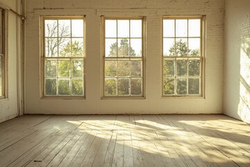 Fototapeta premium An empty room with large windows, a wooden floor, and soft sunlight streaming in. The room is a bright, white color. In the background, there are trees visible outside one of the windows. 