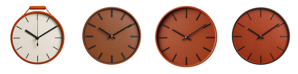 Collection of analog wall clocks in different shapes sizes and color tones such as brown orange and red for use in modern or vintage style home and office interiors