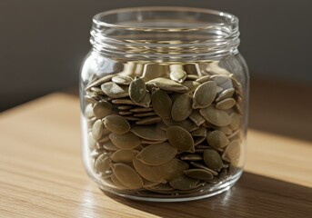 Glass jar filled with pumpkin seeds on wooden table with natural lighting
