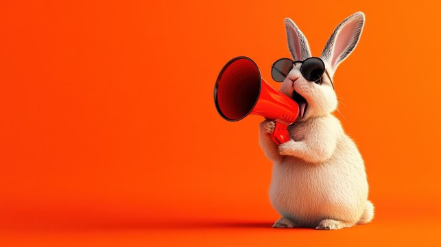 Cool bunny in sunglasses with megaphone on orange background