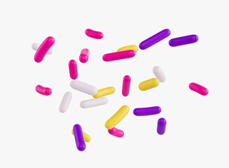 Bright and colorful candy sprinkles scattered on a white background, 3d illustration