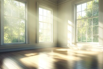 Fototapeta premium An empty room with large windows, a wooden floor, and soft sunlight streaming in. The room is a bright, white color. In the background, there are trees visible outside one of the windows. 