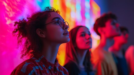 A group of young adults standing together in an exhibition hall, deeply engaged