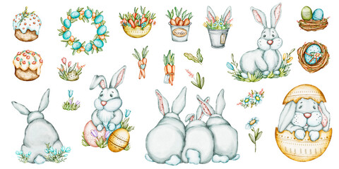 clipart set of elements Easter bunnies and ducks,
watercolors  frames and compositions of elementsEaster bunnies and ducks