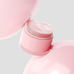 Stylish pink cream jar surrounded by soft pink balloons on white background, 3d illustration