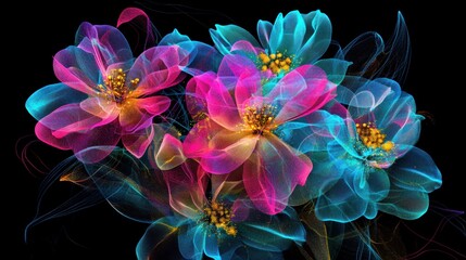 Vibrant digital blossoms: mesmerizing neon flowers in motion on black background