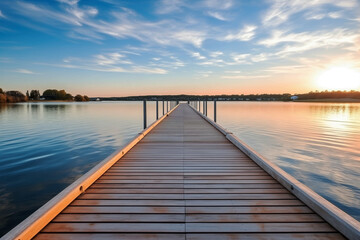 Fototapeta premium Tranquil wooden pier extending into serene lake at sunset