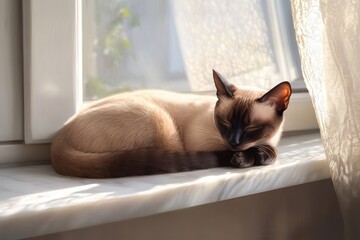 Realistic image of Siamese cat on marble windowsill with soft lighting and cozy ambiance