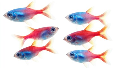 Fototapeta premium Vibrant red and blue Cardinal Tetra fish isolated on white background, perfect for aquarium, pet, or nature themes.