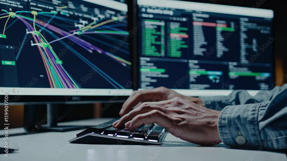 Poster Exploring drone technology through software programming in a modern workspace with dual monitors