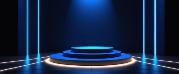 Futuristic blue neon stage with illuminated steps in dark room