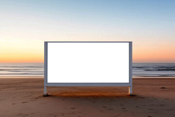 Empty billboard stands on sandy beach at sunset with ocean waves in the background