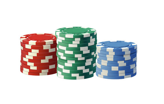 A stack of casino chips in red, blue, and green colors, isolated on a white background.