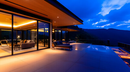 Modern luxury house with infinity pool at dusk overlooking mountains.