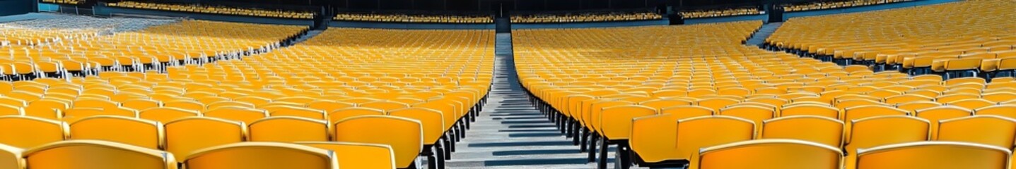 Yellow tribunes with empty seats in a modern sports stadium, concept of an empty outdoor arena for fans. Cultural environment, symmetry, and color in sports venue design.